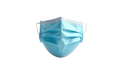 A light blue, disposable medical face covering with ear loops, isolated on black
