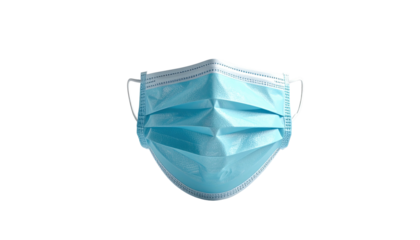 A light blue, disposable medical face covering with ear loops, isolated on black
