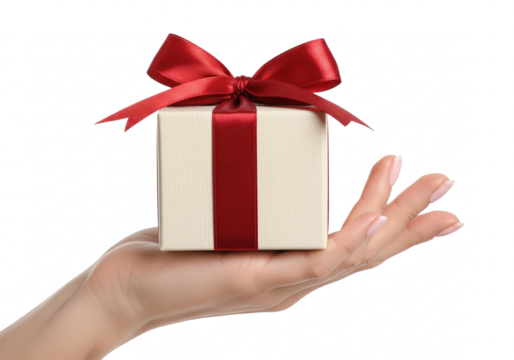 Hand holding gift box with red ribbon isolated on transparent background