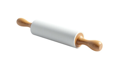 A clean, stylized rolling pin, white center, wooden handles, isolated on black