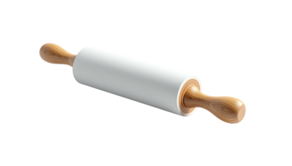 A clean, stylized rolling pin, white center, wooden handles, isolated on black