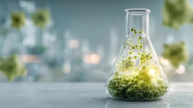 Glass laboratory flask filled with green cells glowing with light, realistic style, on a lab table with blurred background, concept of biology