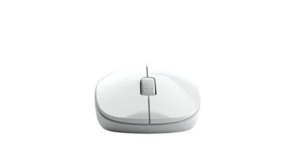 Overhead shot of a small, white computer mouse against a stark black backdrop