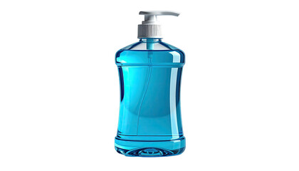Clear plastic pump bottle filled with blue liquid, isolated on a black background