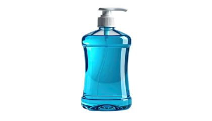 Clear plastic pump bottle filled with blue liquid, isolated on a black background