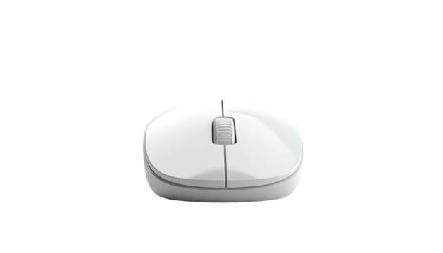 Overhead shot of a small, white computer mouse against a stark black backdrop
