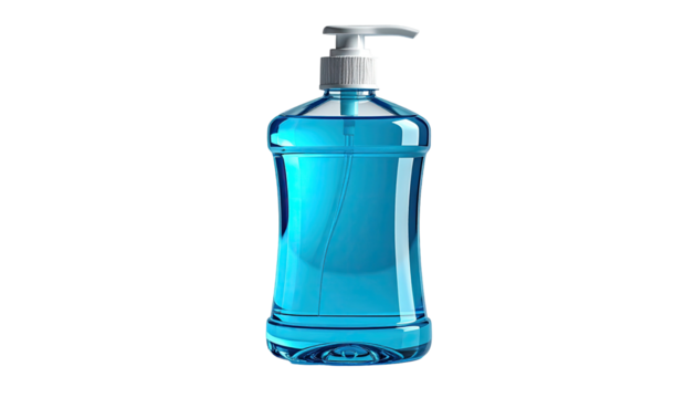 Clear plastic pump bottle filled with blue liquid, isolated on a black background