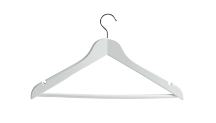 A white wooden coat hanger with a silver hook, isolated on a black backdrop