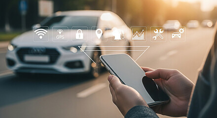 Person using a smartphone app for car management with vehicle icons overlayed on the road near a white car showing connectivity features