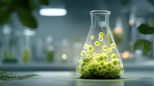 Glowing green biological cells in a glass flask on a lab table, realistic style, blurred laboratory background, concept of biotechnology and research
