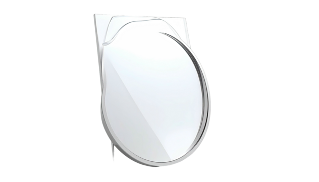 Futuristic, minimalist mirror with a unique shape reflecting light against black