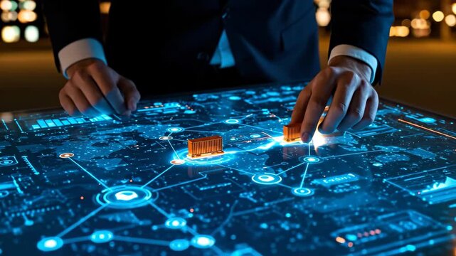 Business man managing future supply chain logistics on digital touch screen table. Global distribution and technology concept footage.