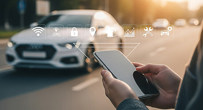 Person using a smartphone app for car management with vehicle icons overlayed on the road near a white car showing connectivity features