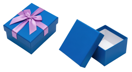 Isolated view of two blue boxes, one closed with purple ribbon and bow, and an opened one