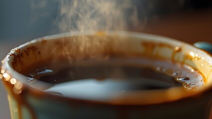 Closeup Steaming Hot Coffee in Mug Brown Beverage