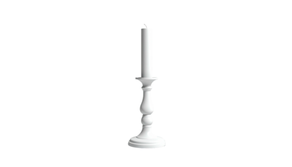 White candle in an ornate candlestick against a stark, black background