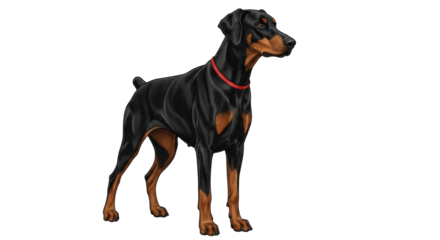Isolated Doberman Pinscher dog attentively standing wearing red collar attentively looking ahead