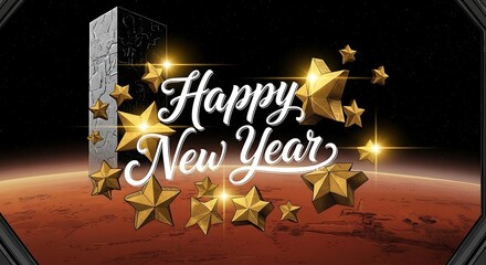 Happy new year greeting card with golden stars on mars with monolith design