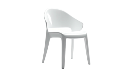 Glossy white ergonomic chair with a curved back and armrest, on black background