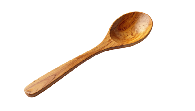 Wooden spoon with a wide bowl and long handle against a black background