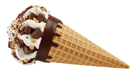 Isolated waffle cone with chocolate dipped top, white cream, and chocolate pieces, delicious treat