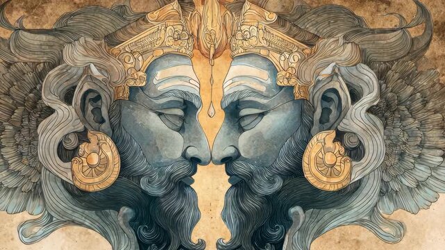 Intricate Mythological Faces in Artistic Symmetry