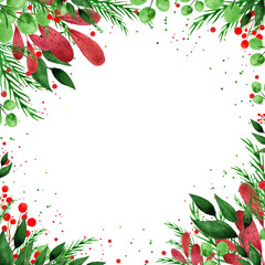 Winter, Christmas postcard and template red and green colors of a watercolor postcard on a white background. Watercolor berries, spruce branches, green leaves painted by hand. Square frame, invitation