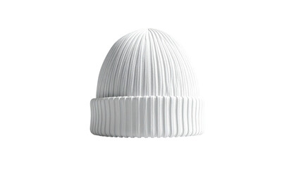 A solid white ribbed knit beanie isolated against a stark black background
