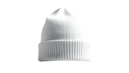 A clean white beanie with a turned-up cuff against a stark black backdrop