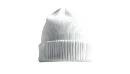 A clean white beanie with a turned-up cuff against a stark black backdrop