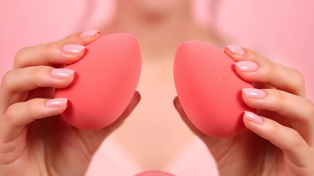 A woman's hands hold pink eggs, and her hands delicately balance the pink eggs. Her nails are polished as her hands gently cradle the eggs against a pink background.