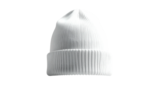 A clean white beanie with a turned-up cuff against a stark black backdrop