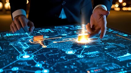 A man hand controls cargo container on interactive map, futuristic tracking system. Global logistic delivery with touch screen technology concept. - Powered by Adobe