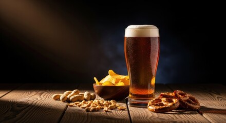 Tall beer with foam sits with potato chips, pretzels, and peanuts on a wooden surface against a dark background