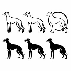 Illustration of six greyhounds in black and white, showcasing different styles