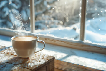 close-up photo of hands in knitted wool gloves holding a steaming mug of hot cocoa