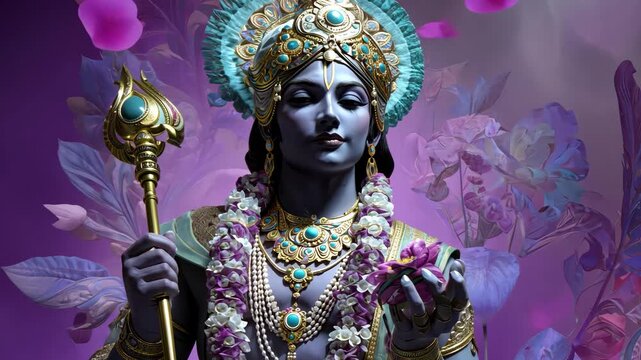 Divine Figure in Ornate Attire with Floral Elements