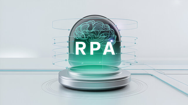 Robotic process automation concept with brain inside glass dome isolated on white background - Powered by Adobe