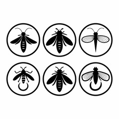 Collection of six insect icons in black circles, featuring bee, firefly and mayfly