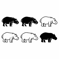 Six hippopotamus in a row black and white vector illustration