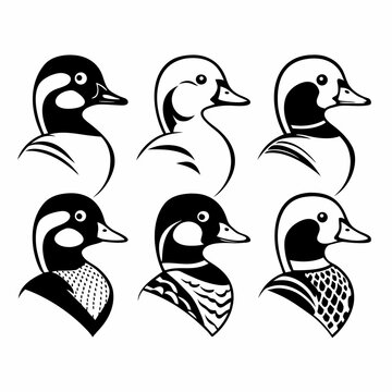 Six bufflehead duck head in a row black and white vector illustration