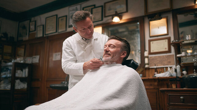 Classic barbershop scene a mature man enjoys a traditional straight razor shave. Represents grooming, relaxation, tradition, and male care. Great for lifestyle, business, or historical content.