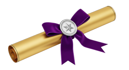 Isolated diploma scroll with purple ribbon and seal, official document, certificate, gold paper
