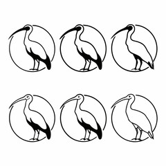 Set of six ibis bird icons in black and white for logo design template