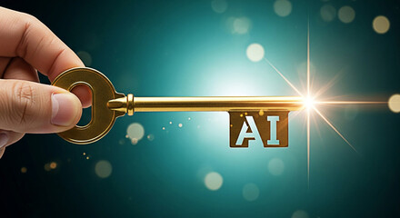 Hand holding a golden ai key against a bokeh background with a bright light representing the unlocking of artificial intelligence potential