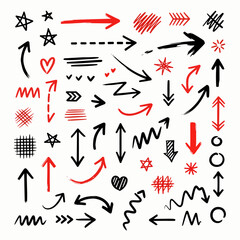 Black arrow set icon with red border isolated on white background. Different collection arrow direction symbols in flat style. Modern and simple arrows. Vector illustration.
