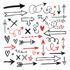 Black arrow set icon with red border isolated on white background. Different collection arrow direction symbols in flat style. Modern and simple arrows. Vector illustration.
