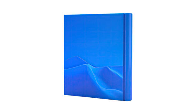 A blue textured book standing with a digital landscape design on its face
