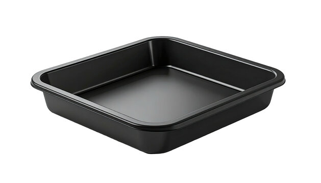 Shiny, black, rectangular baking pan isolated on a dark background
