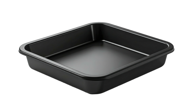 Shiny, black, rectangular baking pan isolated on a dark background